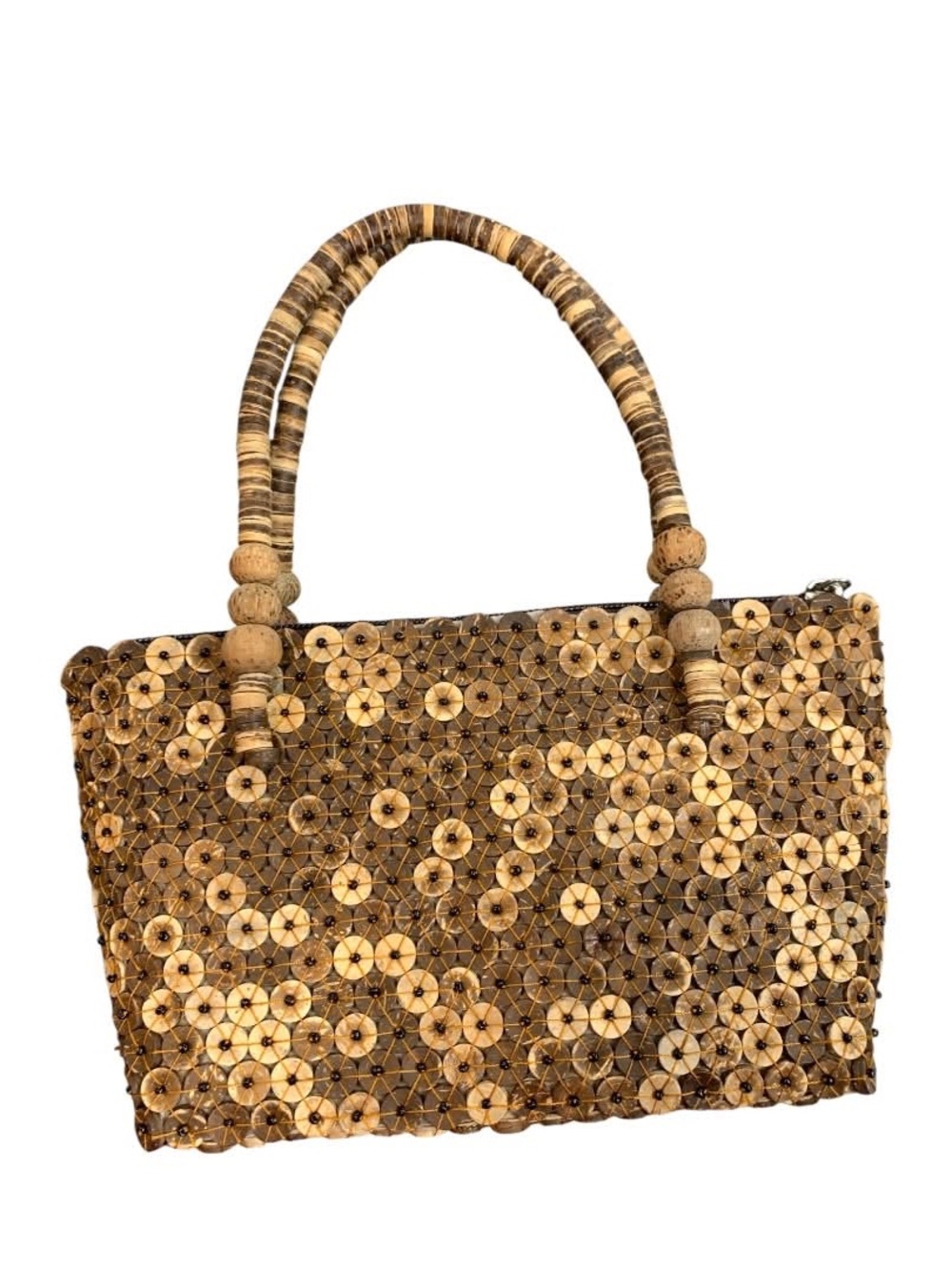 Ishas Collection Natural Wood Bead Handbag - Woven Brown Tote